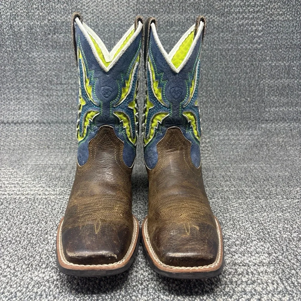 Ariat Koel VentTEK Kids Cowboy Boots Brown Blue Square Toe Youth Size 3.5